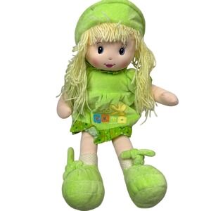 Green Plush Rag Doll Blonde Hair Blue Eyes "Too Cute" Embroidered Dress 18" Tall